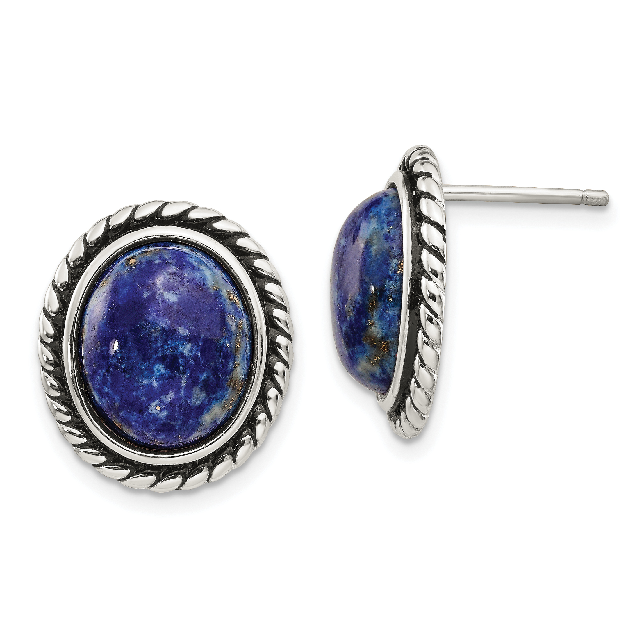 Sterling Silver Polished/Antiqued Lapis Cabochon Post Earrings (QE12584)