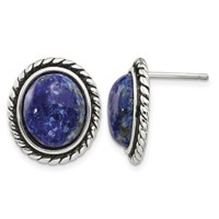 Sterling Silver Polished Antiqued Lapis Cabochon Post Earrings view 1