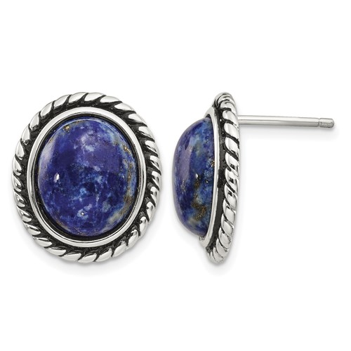 Sterling Silver Polished Antiqued Lapis Cabochon Post Earrings