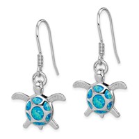 Sterling Silver Rhodium-plated Polished Created Blue Opal Turtle Shepherd Hook Earrings view 2