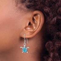 Sterling Silver Rhodium-plated Polished Created Blue Opal Turtle Shepherd Hook Earrings view 3