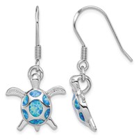 Sterling Silver Rhodium-plated Polished Created Blue Opal Turtle Shepherd Hook Earrings view 1