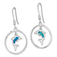 Sterling Silver Rhodium-plated Polished Created Blue Opal Dolphin Dangle Earrings view 2