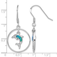 Sterling Silver Rhodium-plated Polished Created Blue Opal Dolphin Dangle Earrings view 4