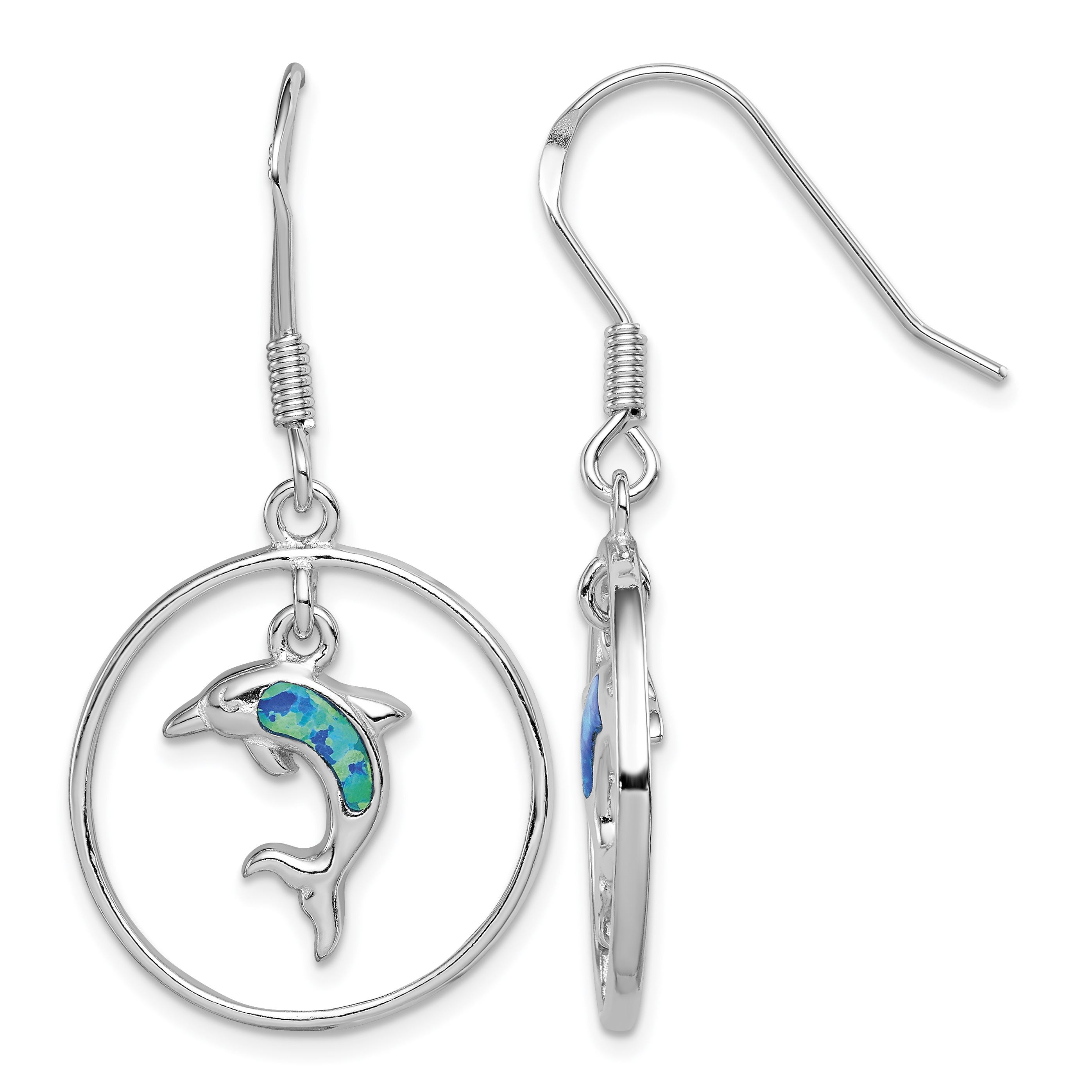 Sterling Silver Rhodium-plated Polished Created Blue Opal Dolphin Dangle Earrings (QE12600)