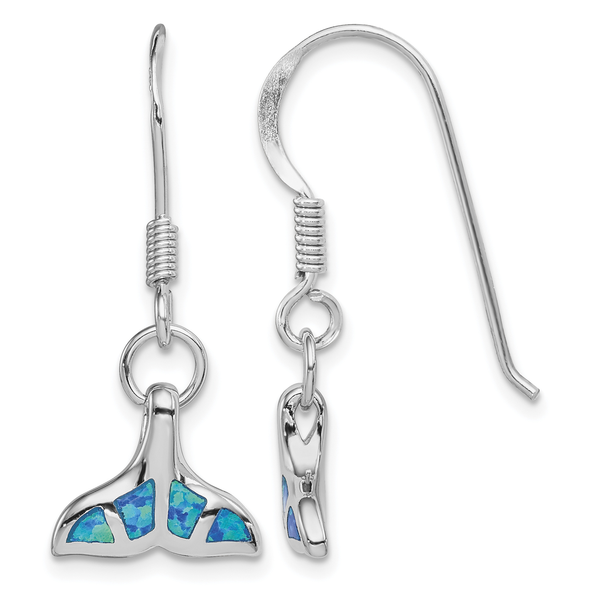 Sterling Silver Rhodium-plated Created Opal Dolphin Tail Dangle Earrings (QE12601)