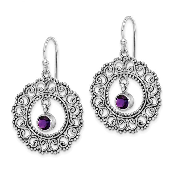 Sterling Silver Rhodium-plated Antiqued Filigree Amethyst Dangle Earrings
