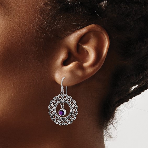 Sterling Silver Rhodium-plated Antiqued Filigree Amethyst Dangle Earrings