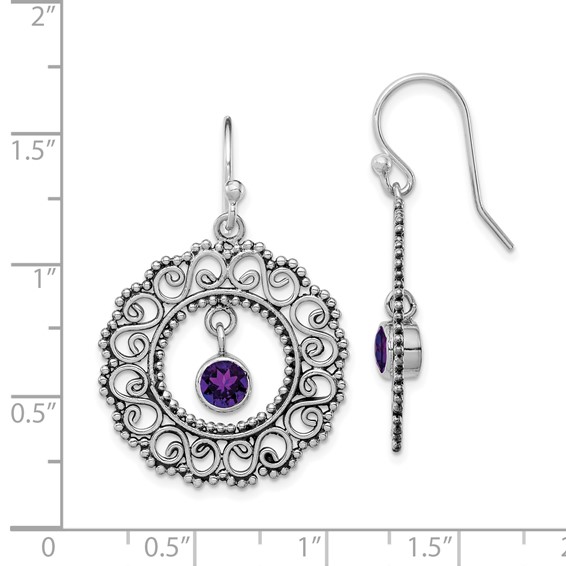 Sterling Silver Rhodium-plated Antiqued Filigree Amethyst Dangle Earrings