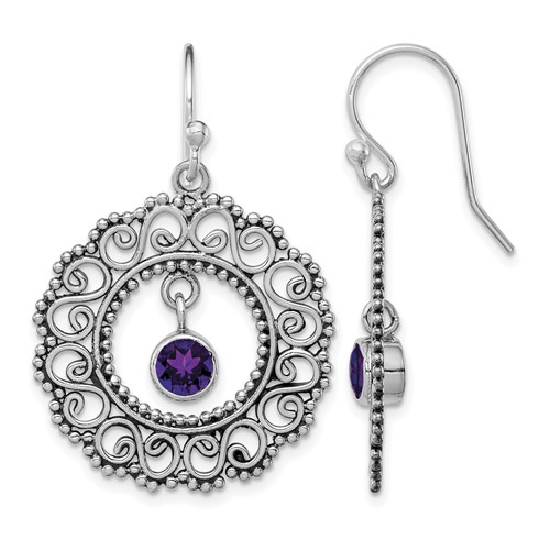 Sterling Silver Rhodium-plated Antiqued Filigree Amethyst Dangle Earrings