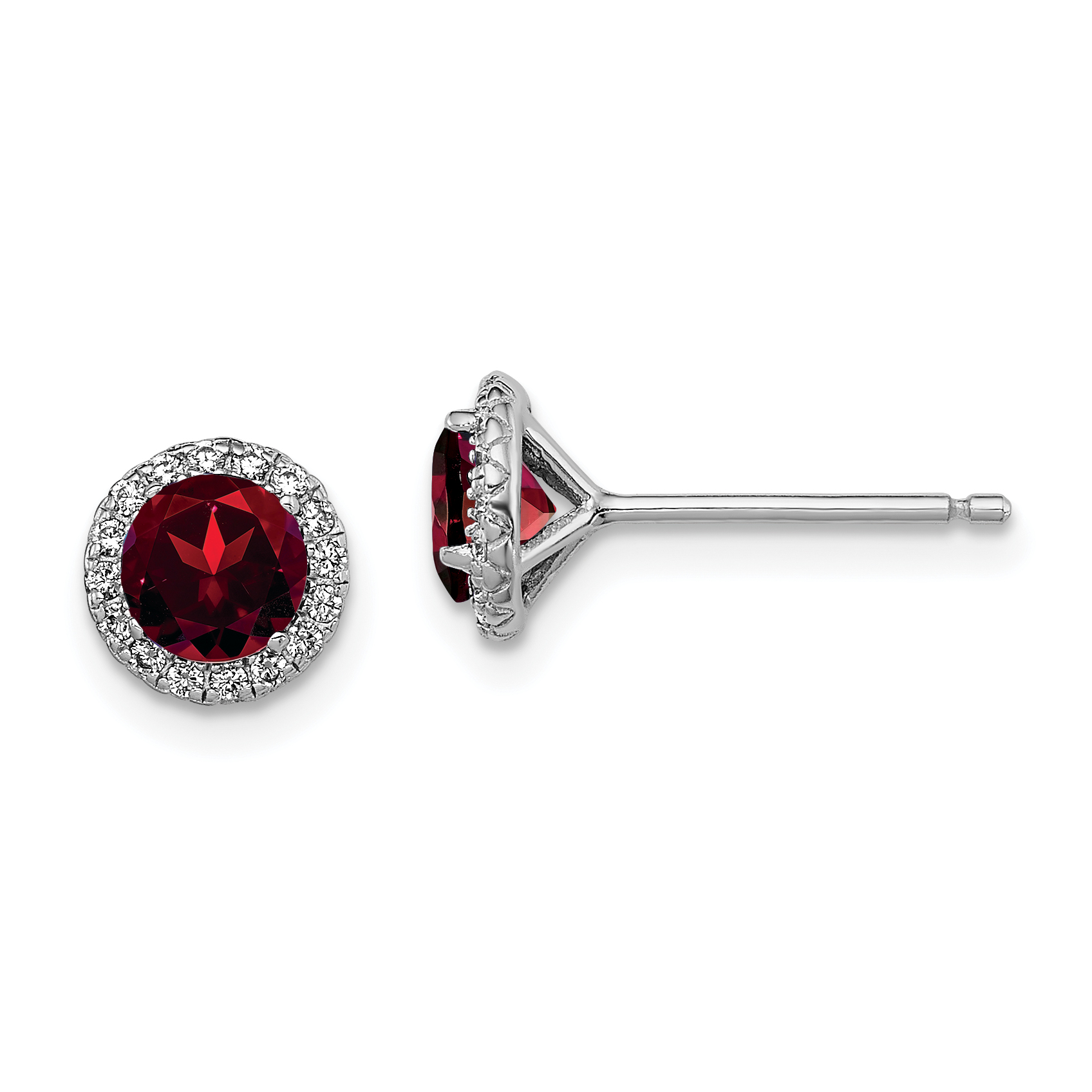 Sterling Silver Rhodium-plated Garnet and CZ Post Earrings (QE12613GA)