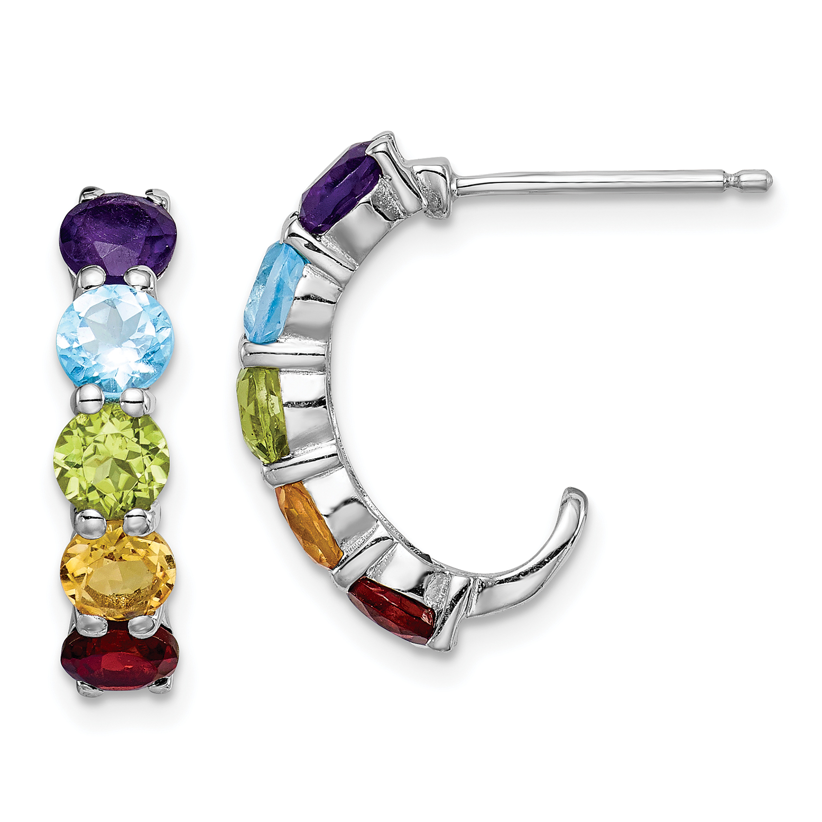Sterling Silver Rhodium-plated Multi Gemstone J-Hoop Earrings (QE12617M)