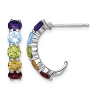Sterling Silver Rhodium-plated Multi Gemstone J-Hoop Earrings view 1