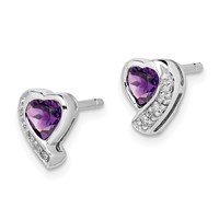 Sterling Silver Rhodium-plated Amethyst and Diamond Heart Earrings view 2