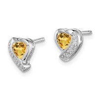 Sterling Silver Rhodium-plated Citrine and Diamond Heart Earrings view 2