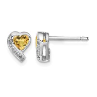 Sterling Silver Rhodium-plated Citrine and Diamond Heart Earrings view 1