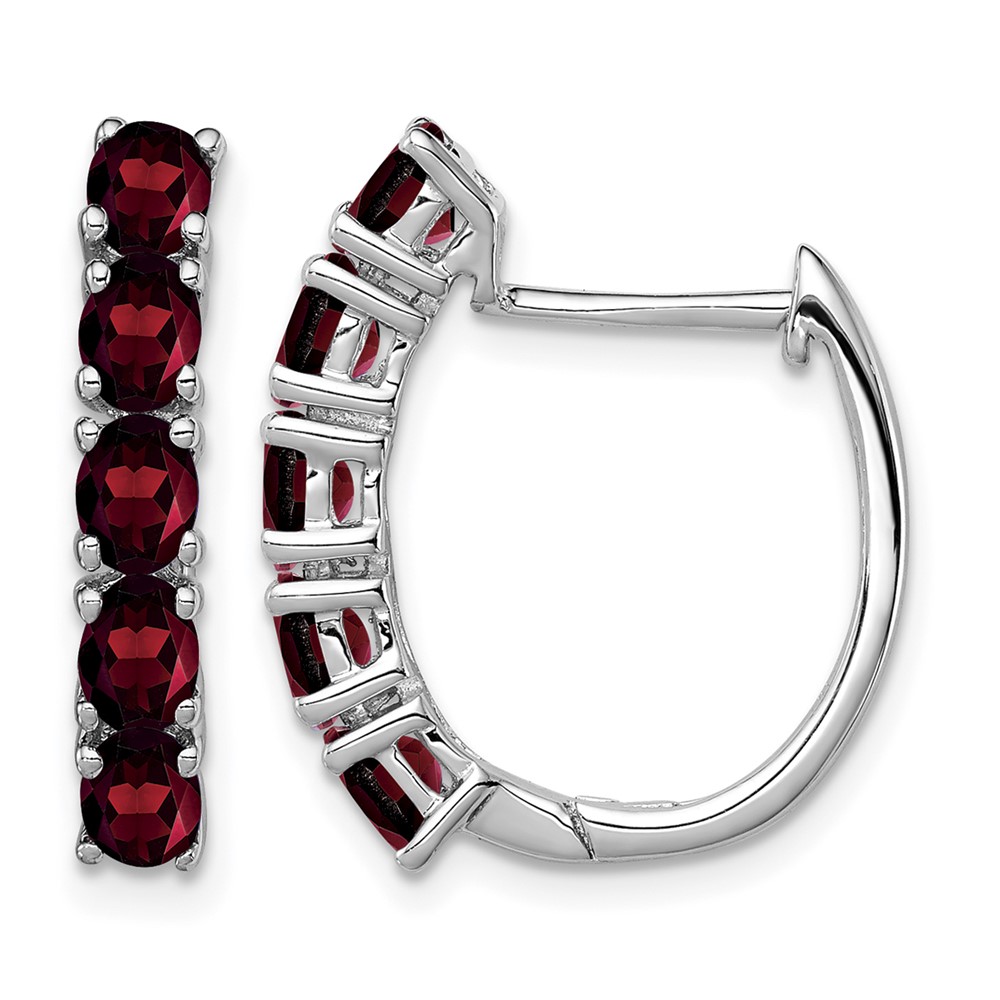 Sterling Silver Rhodium-plated Polished Garnet Hinged Hoop Earrings (QE12619GA)