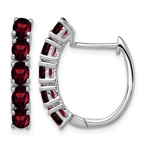 Sterling Silver Rhodium-plated Polished Garnet Hinged Hoop Earrings