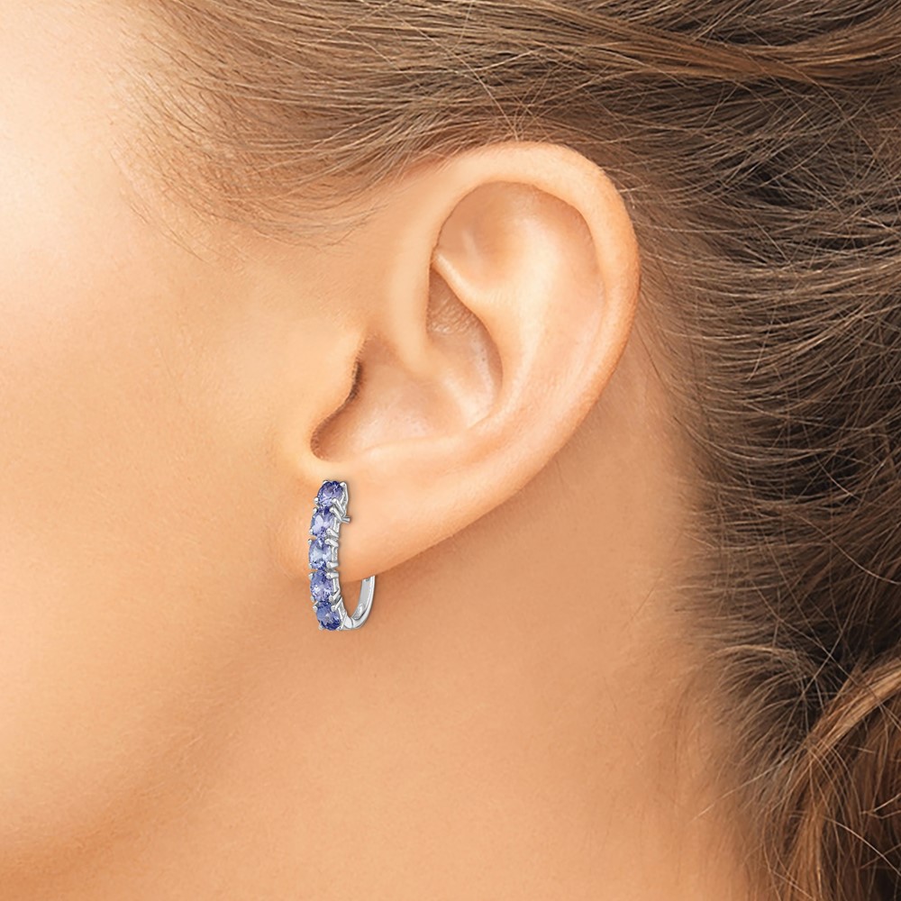 Sterling Silver Rhodium-plated Oval Tanzanite Hinged Hoop Earrings (QE12619TZ)