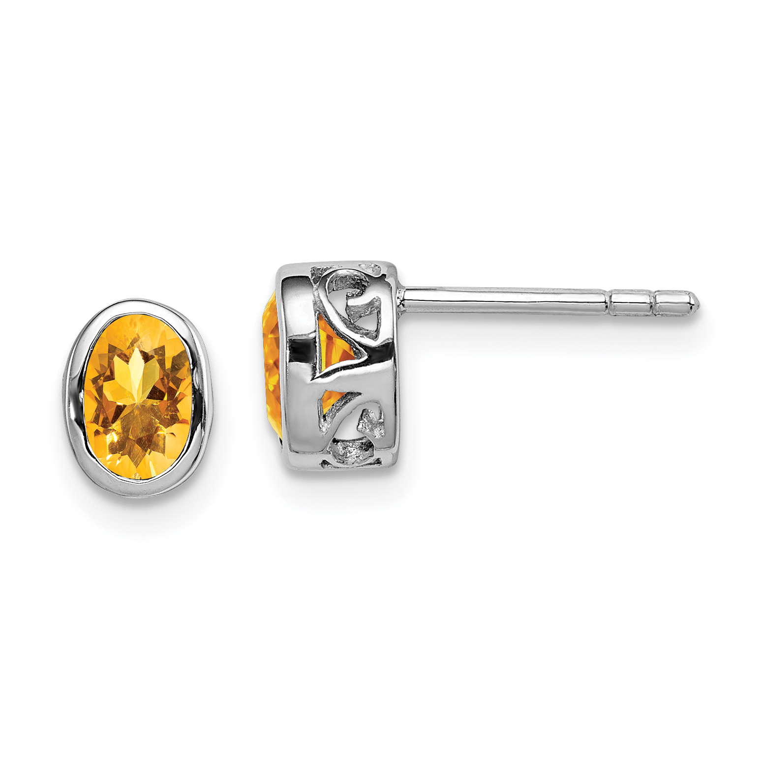 Sterling Silver Rhodium-plated Polished Citrine Oval Post Earrings (QE12626CI)