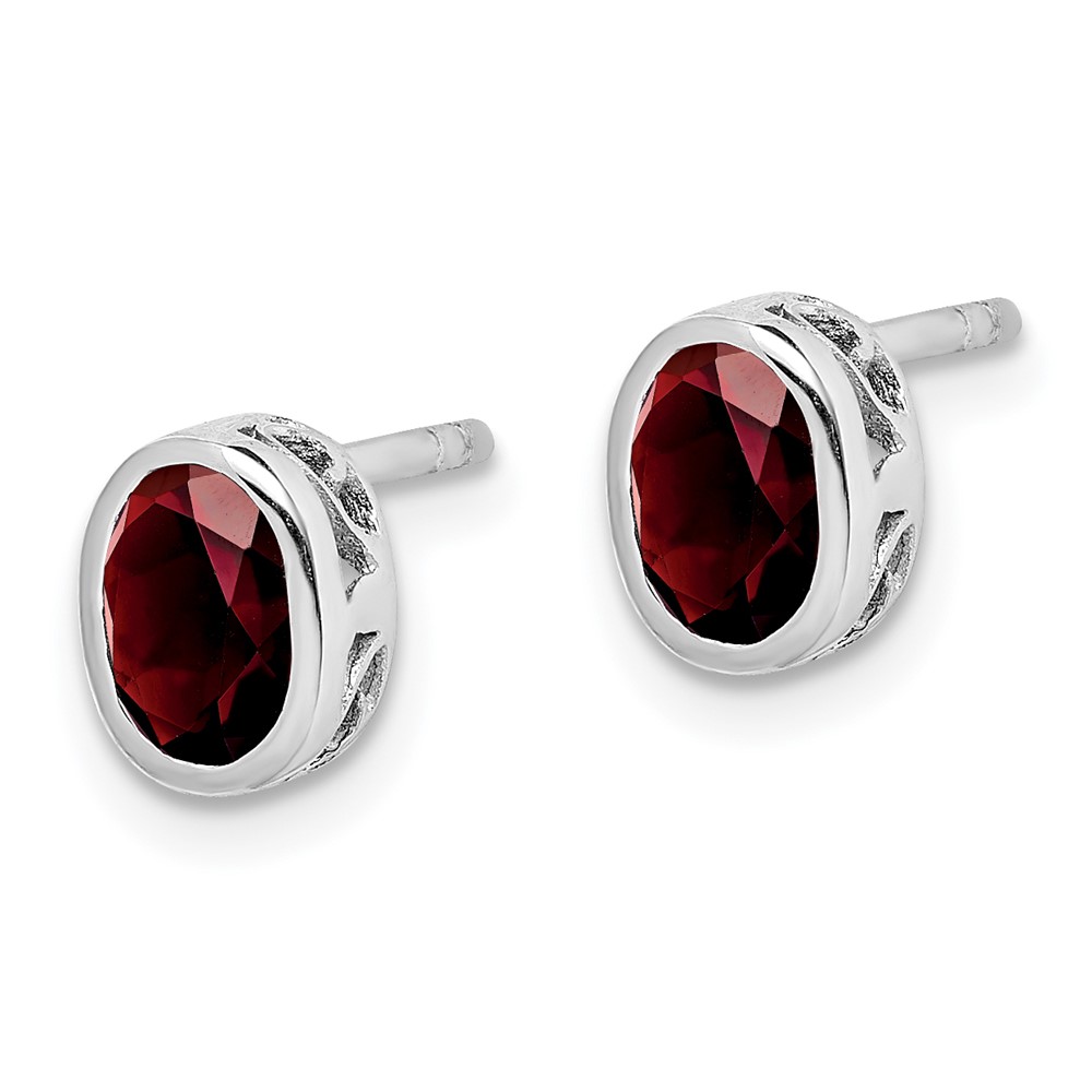 Sterling Silver Rhodium-plated Polished Garnet Oval Post Earrings (QE12626GA)