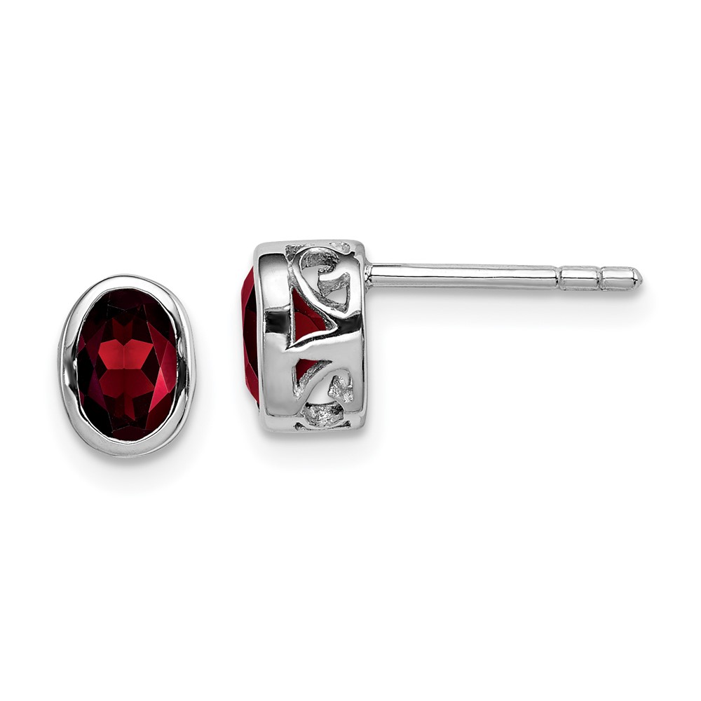 Sterling Silver Rhodium-plated Polished Garnet Oval Post Earrings (QE12626GA)