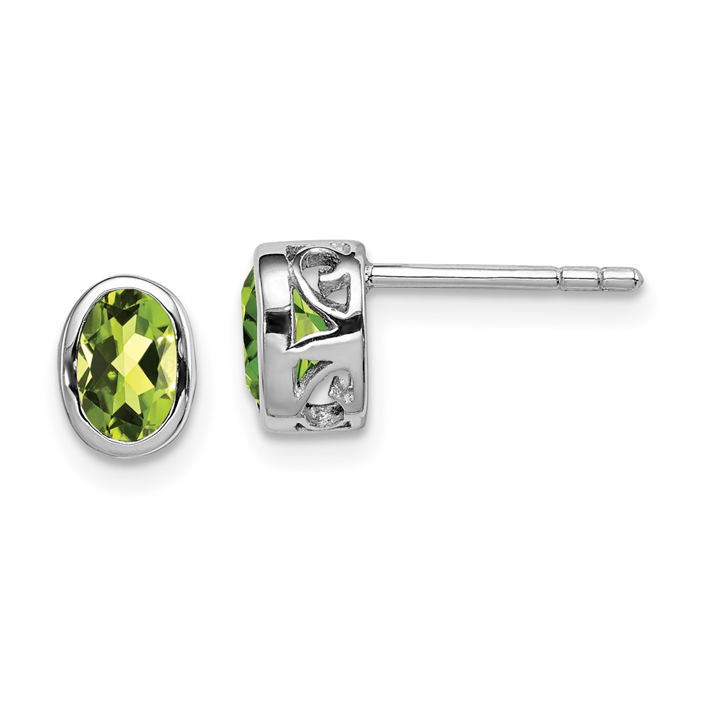 Sterling Silver Rhodium-plated Polished Peridot Oval Post Earrings (QE12626PE)
