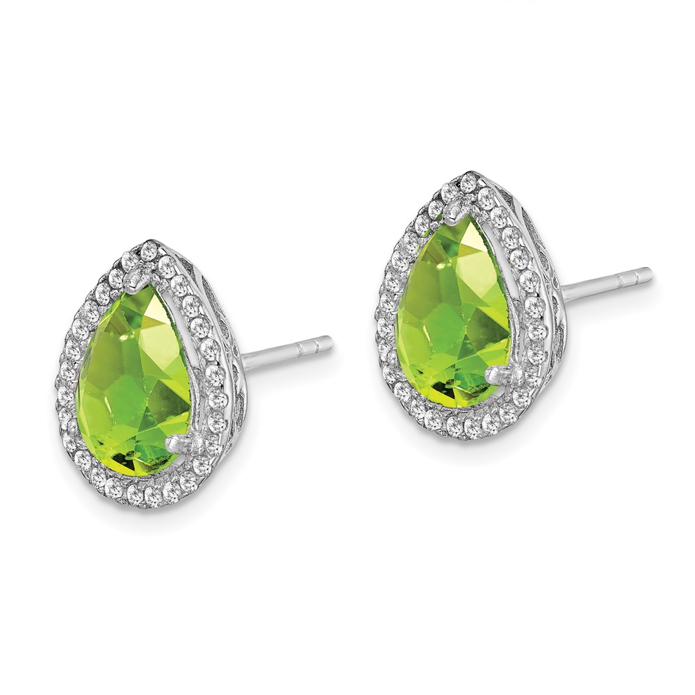 Sterling Silver Rhodium Polished Simulated Peridot & CZ Post Earrings (QE12637AUG)