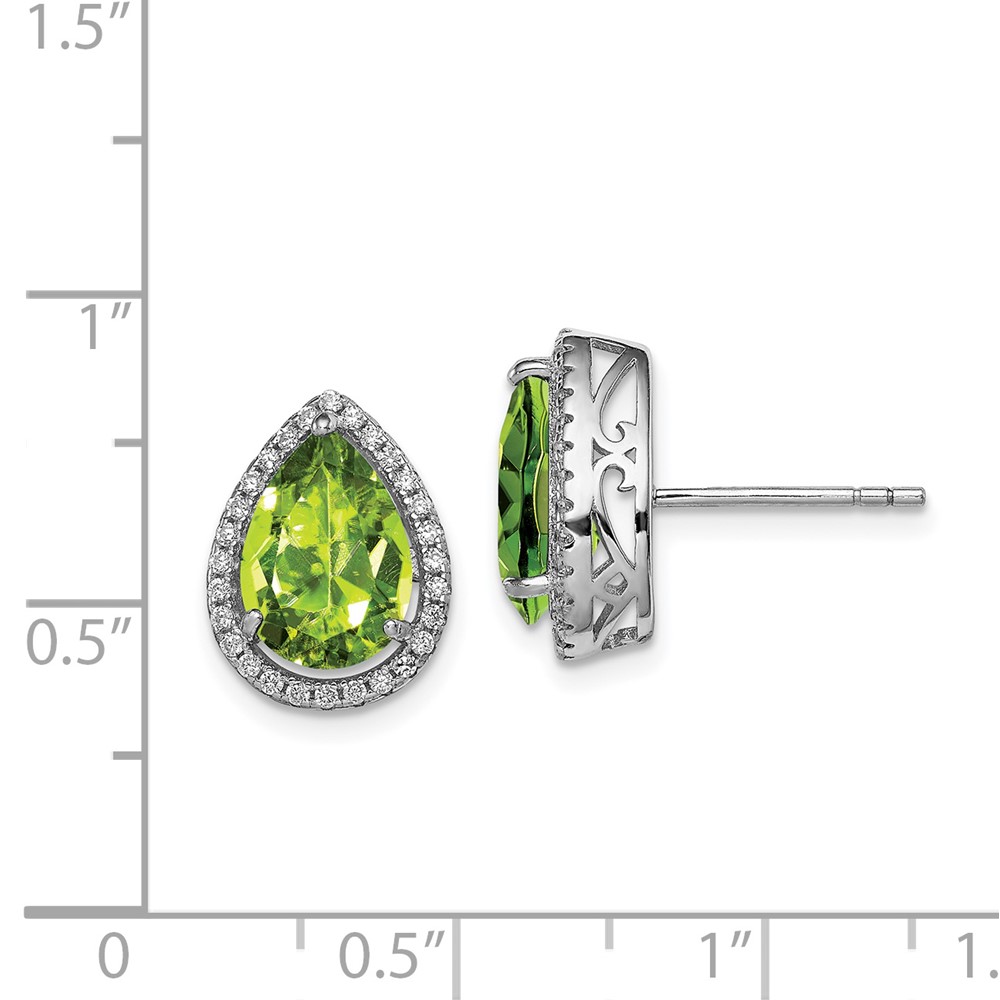 Sterling Silver Rhodium Polished Simulated Peridot & CZ Post Earrings (QE12637AUG)