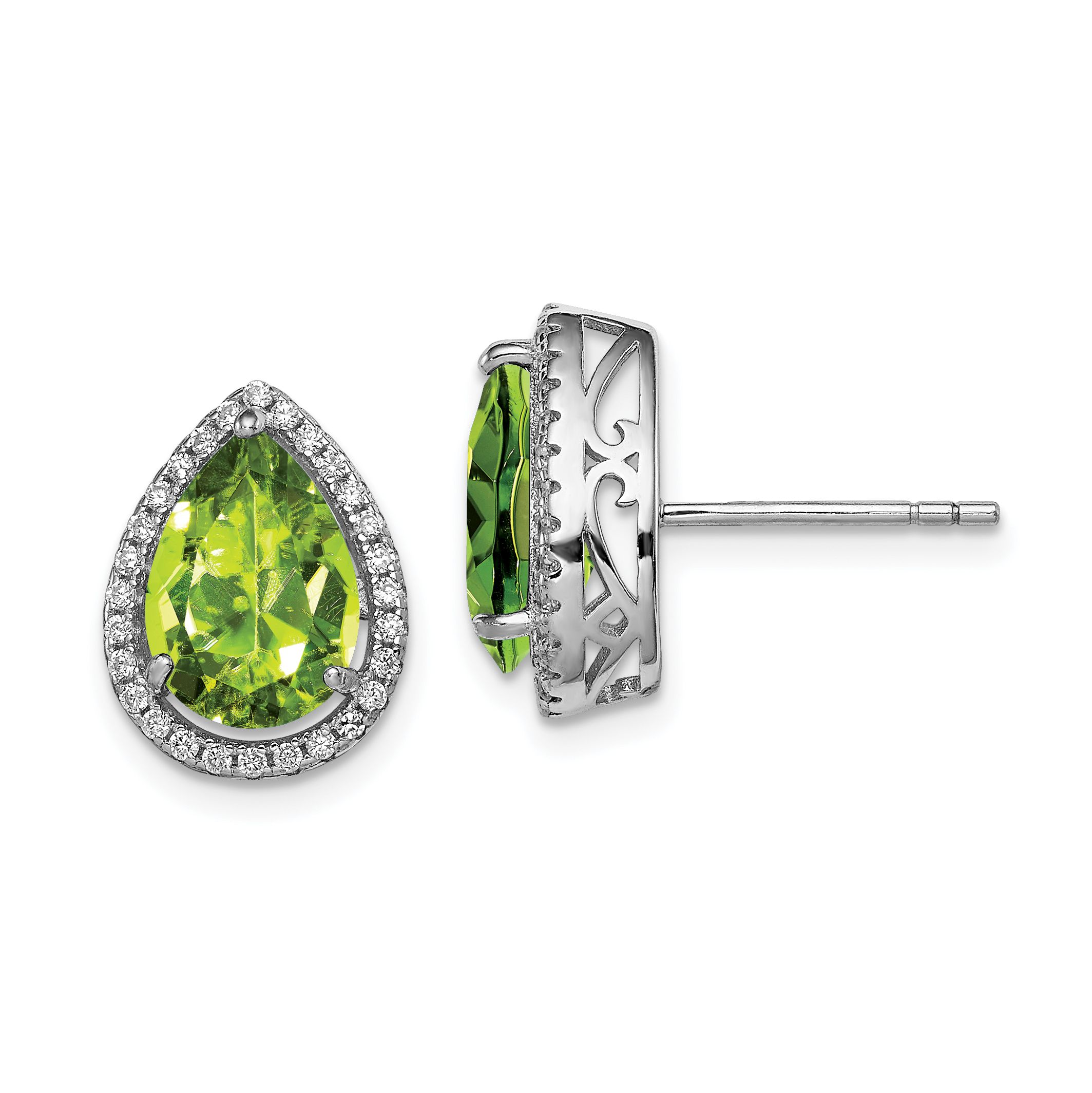 Sterling Silver Rhodium Polished Simulated Peridot & CZ Post Earrings (QE12637AUG)