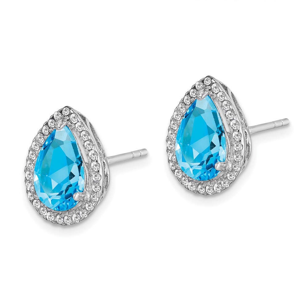 Sterling Silver Rhodium Polished Blue Topaz & CZ Post Earrings (QE12637DEC)