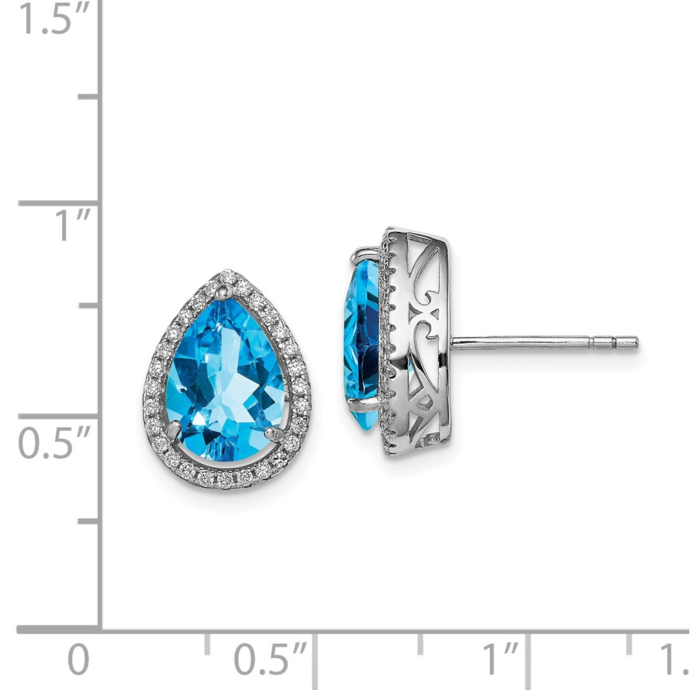 Sterling Silver Rhodium Polished Blue Topaz & CZ Post Earrings (QE12637DEC)