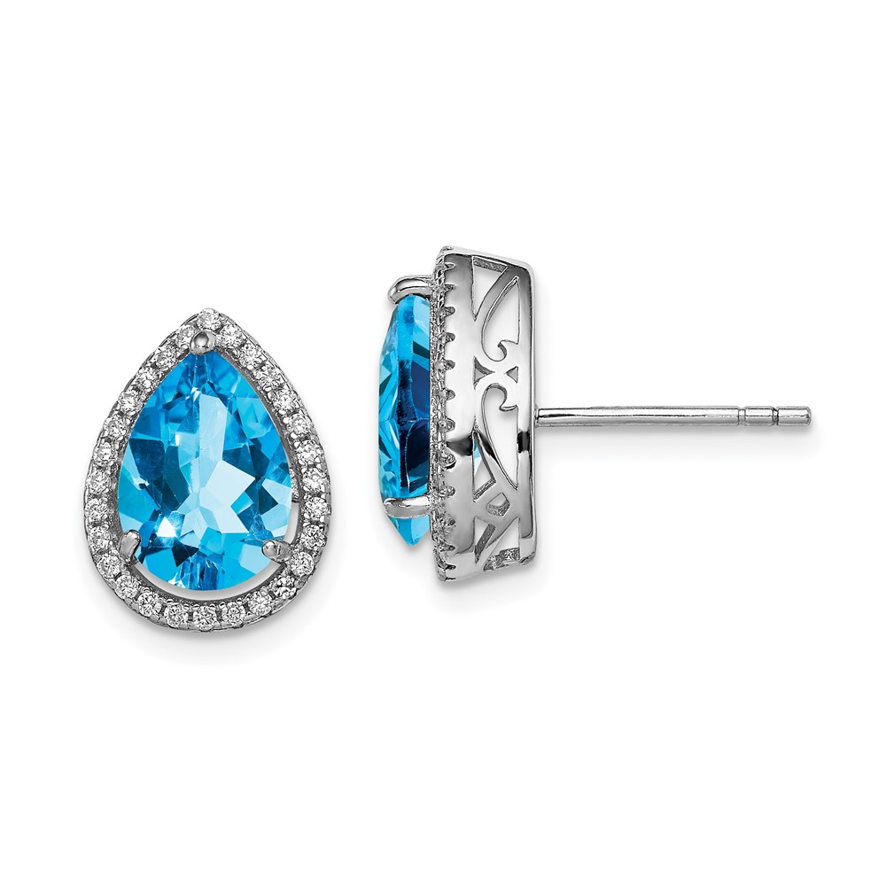Sterling Silver Rhodium Polished Blue Topaz & CZ Post Earrings (QE12637DEC)