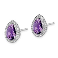 Sterling Silver Rhodium Polished Amethyst & CZ Post Earrings view 2