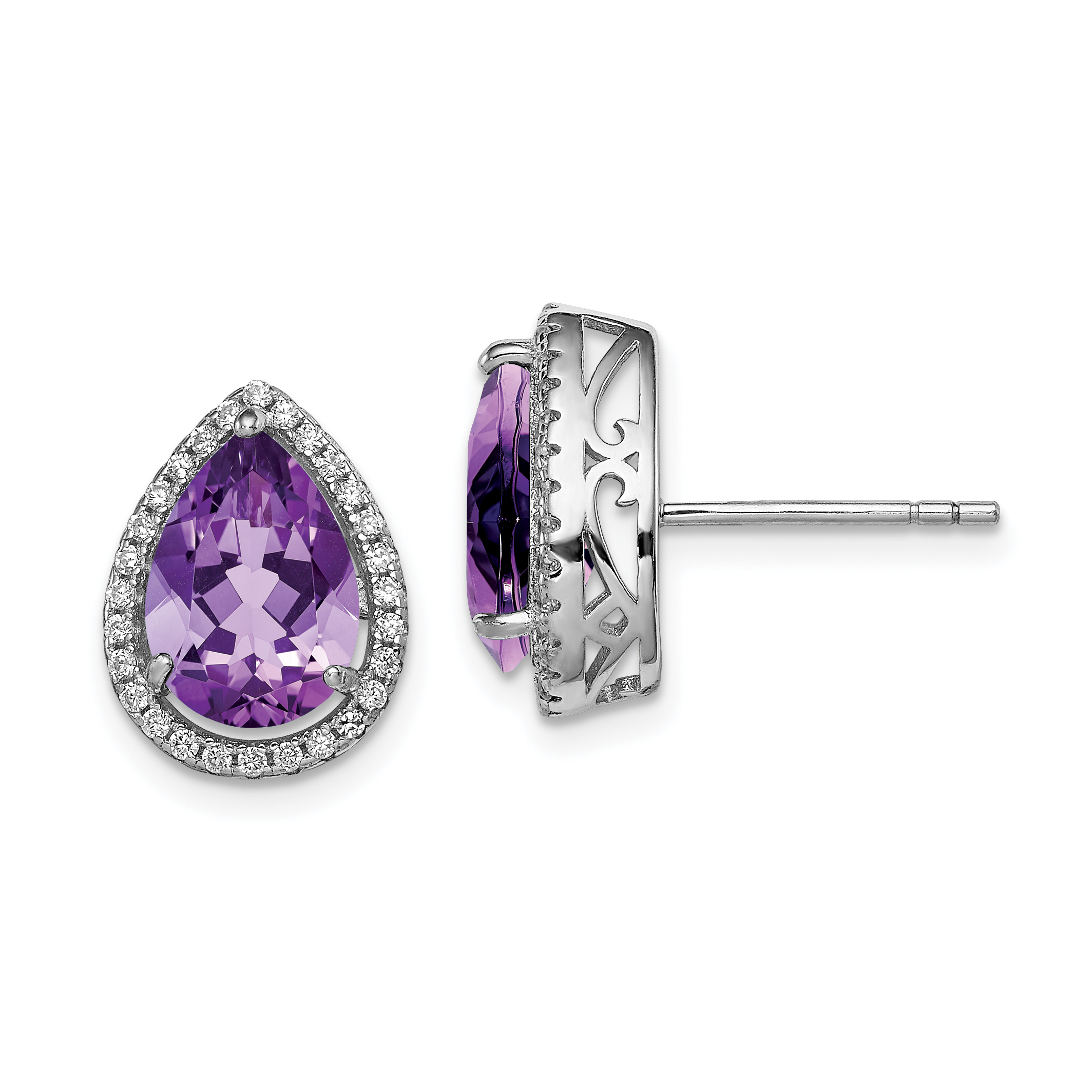 Sterling Silver Rhodium Polished Amethyst & CZ Post Earrings (QE12637FEB)