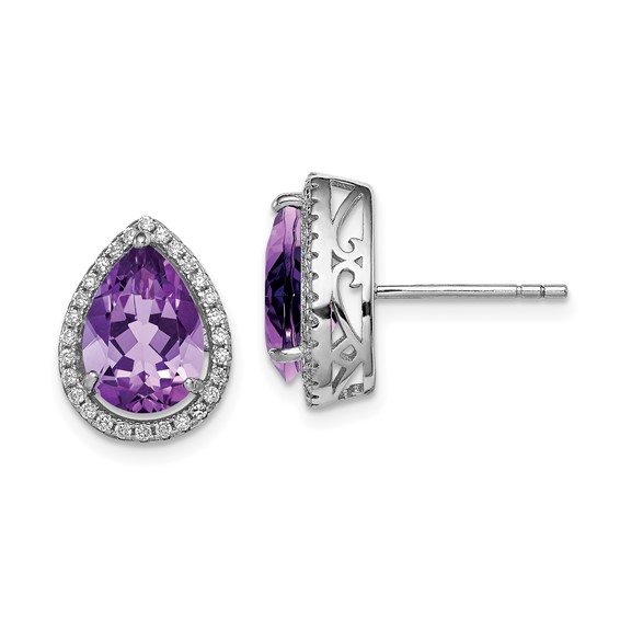 Sterling Silver Rhodium Birthstone & CZ Post Earrings