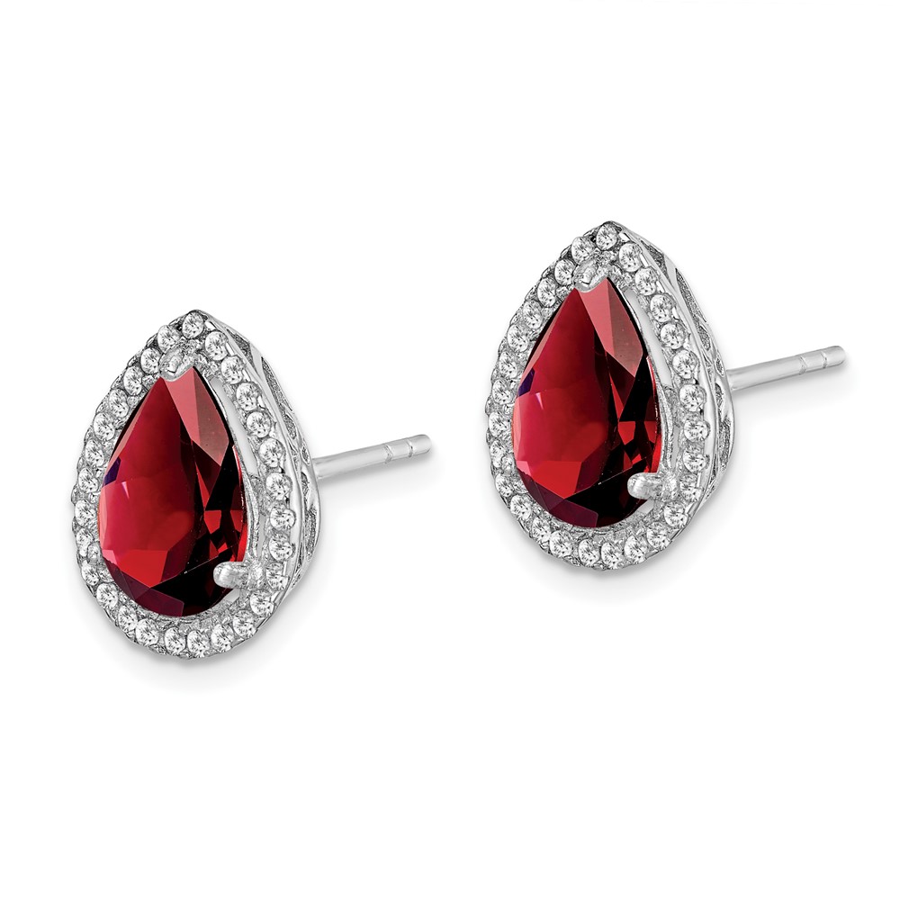 Sterling Silver Rhodium Polished Garnet & CZ Post Earrings (QE12637JAN)