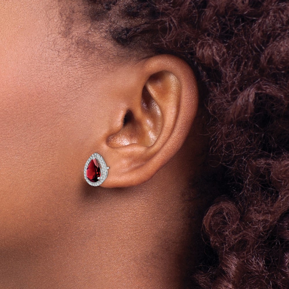 Sterling Silver Rhodium Polished Garnet & CZ Post Earrings (QE12637JAN)