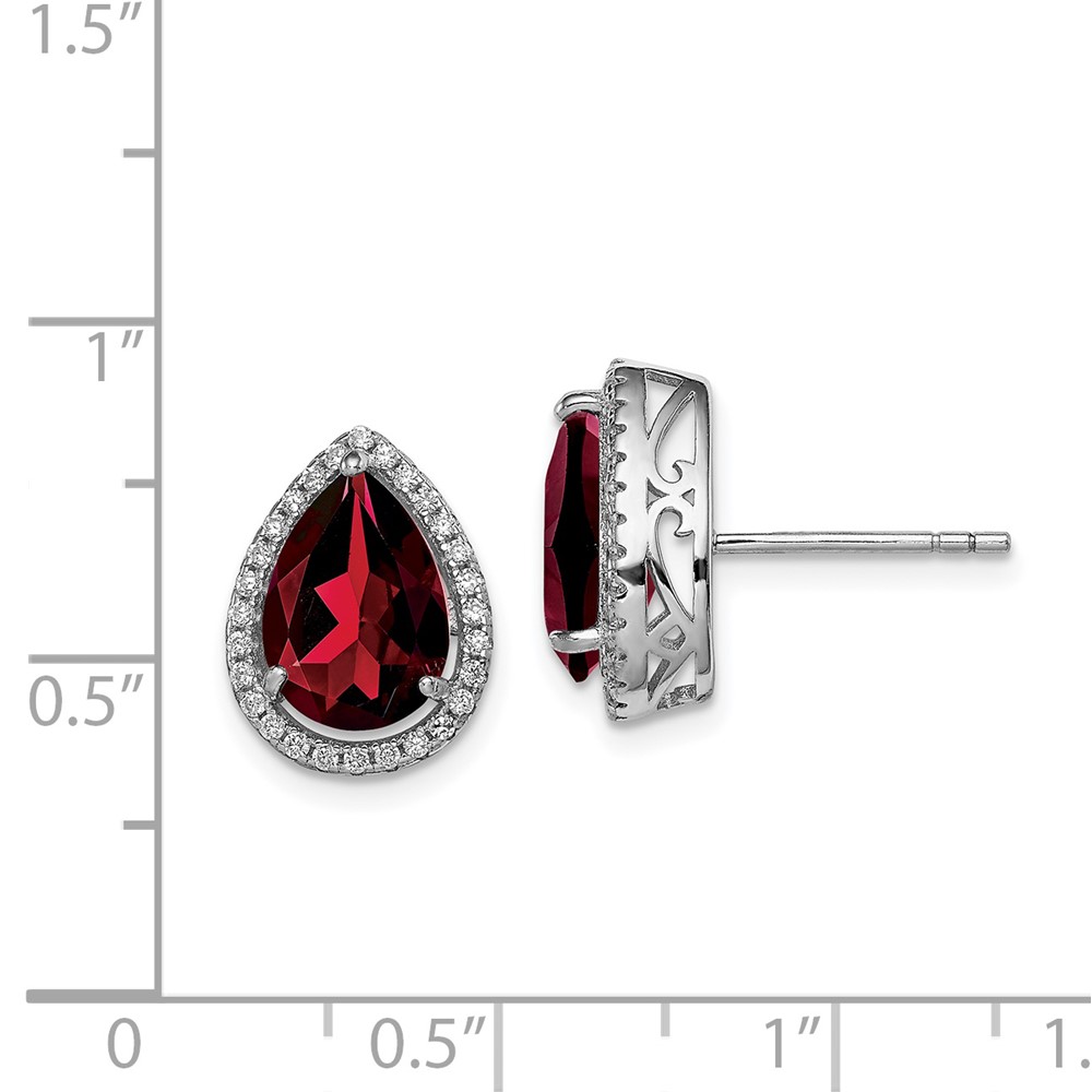 Sterling Silver Rhodium Polished Garnet & CZ Post Earrings (QE12637JAN)