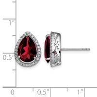 Sterling Silver Rhodium Polished Garnet & CZ Post Earrings view 4