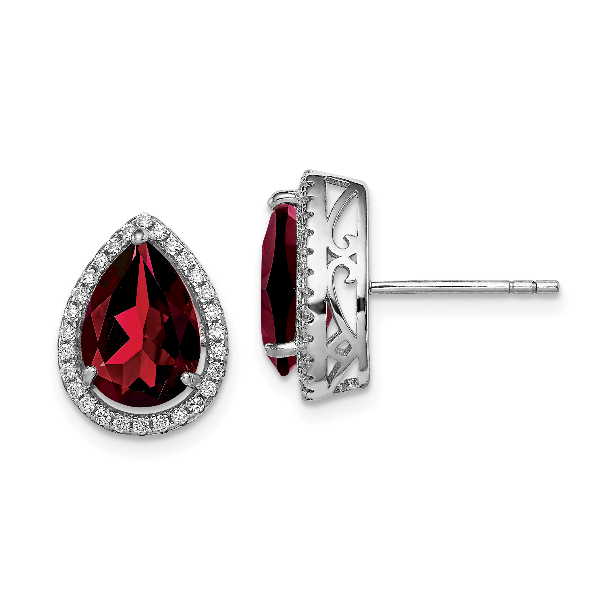 Sterling Silver Rhodium Polished Garnet & CZ Post Earrings (QE12637JAN)