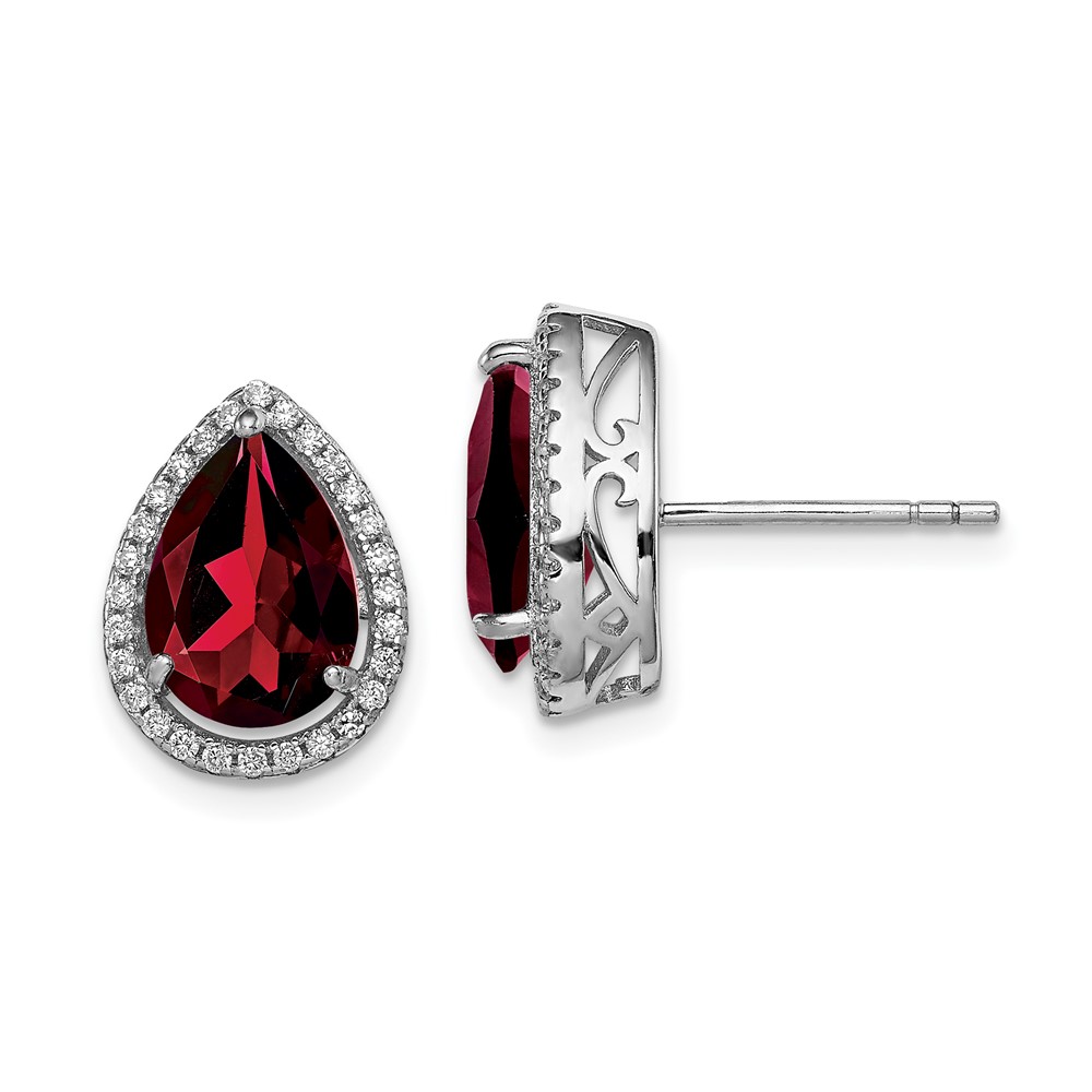 Sterling Silver Rhodium Polished Garnet & CZ Post Earrings (QE12637JAN)