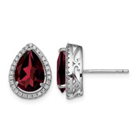 Sterling Silver Rhodium Polished Garnet & CZ Post Earrings view 1