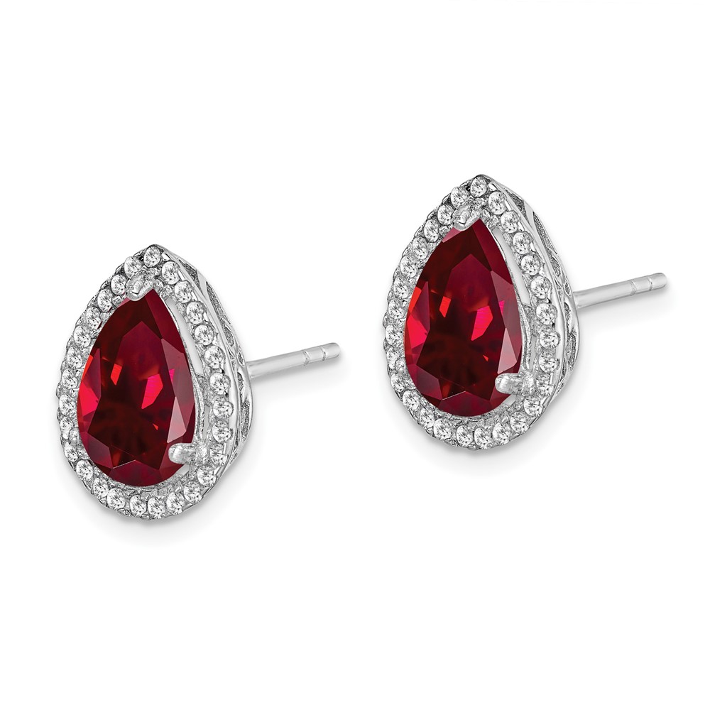 Sterling Silver Rhodium Polished Clear CZ and Lab Created Ruby Pear Post Earrings (QE12637JUL)