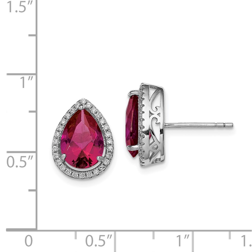 Sterling Silver Rhodium Polished Clear CZ and Lab Created Ruby Pear Post Earrings (QE12637JUL)