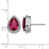 Sterling Silver Rhodium Polished Clear CZ and Lab Created Ruby Pear Post Earrings view 4