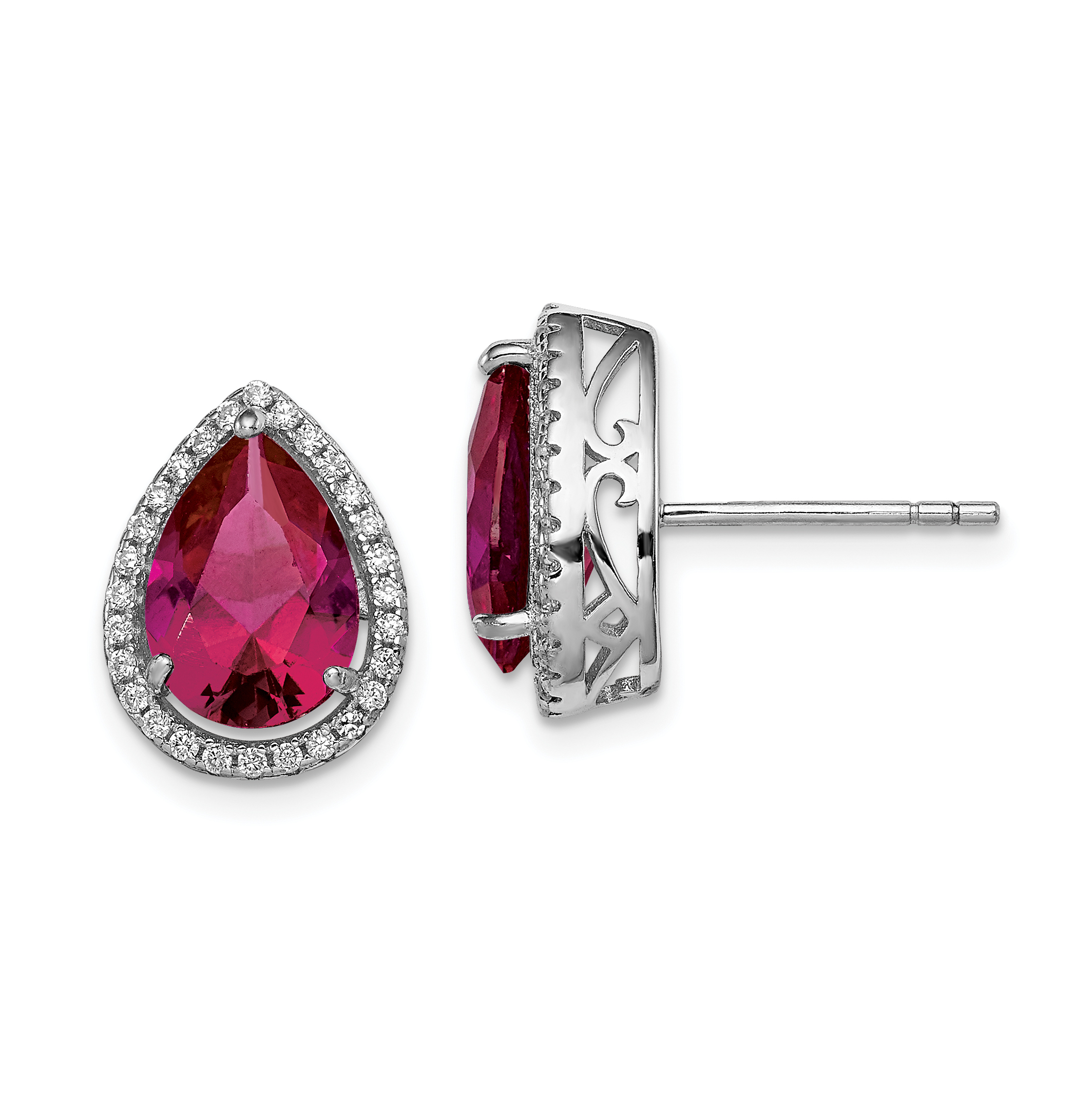 Sterling Silver Rhodium Polished Clear CZ and Lab Created Ruby Pear Post Earrings (QE12637JUL)