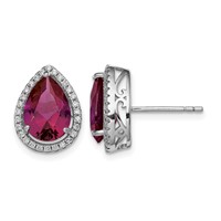 Sterling Silver Rhodium Polished Clear CZ and Lab Created Ruby Pear Post Earrings view 1