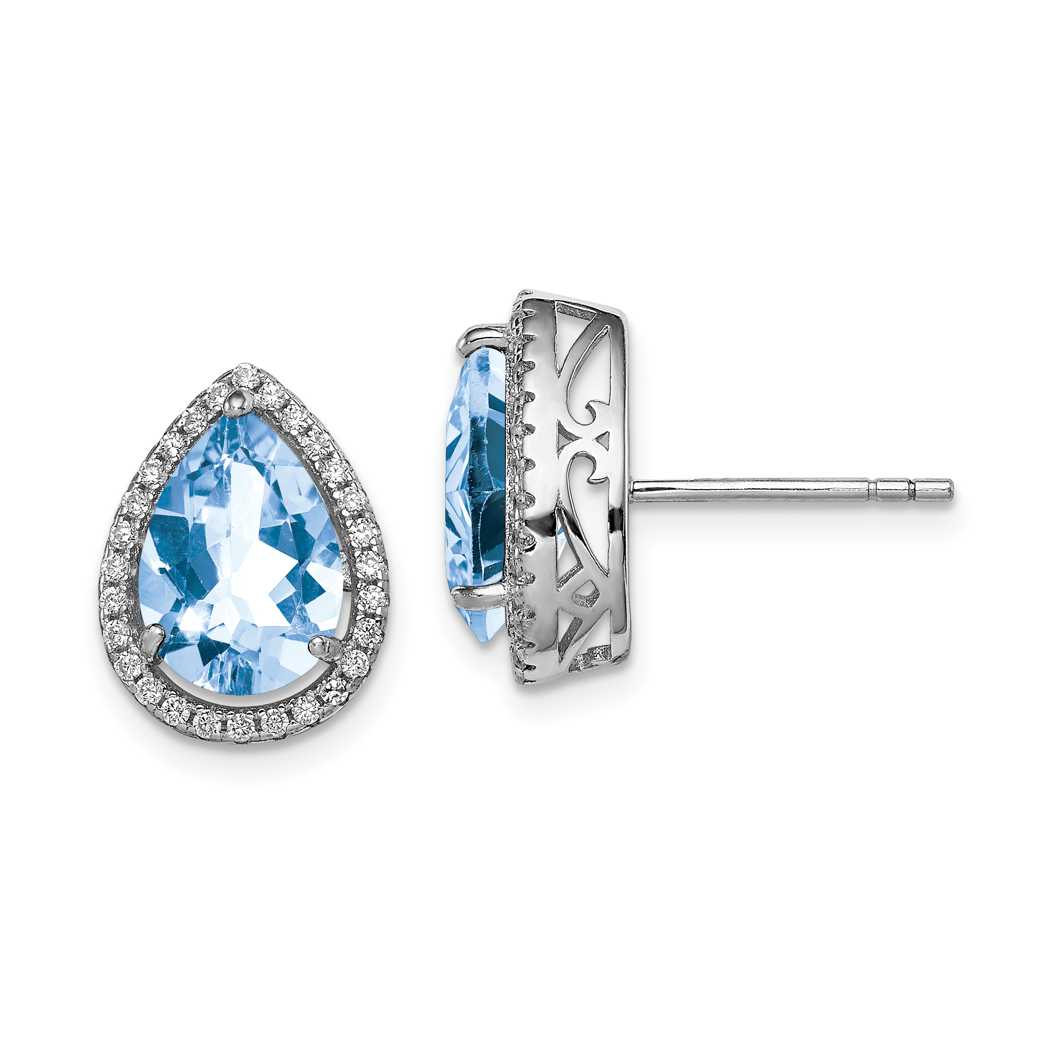 Sterling Silver Rhodium Created Aquamarine & CZ Post Earrings (QE12637MAR)