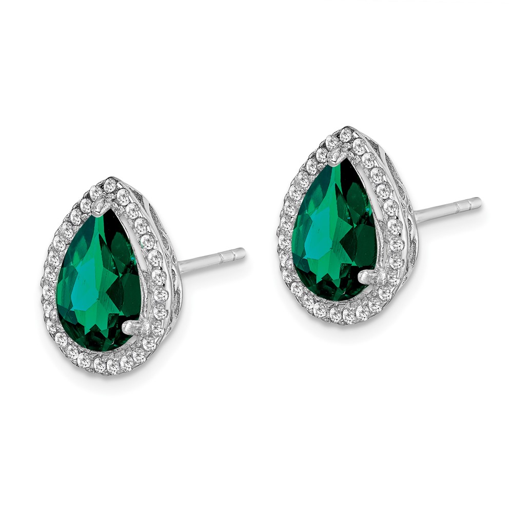 Sterling Silver Rhodium Simulated Emerald & CZ Post Earrings (QE12637MAY)